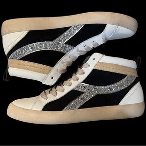 Gianni Bini Black White Glitter High-Top Sneakers with Tan Accents